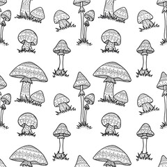 Seamless pattern with cute hand drawn abstract mushrooms. Vector ornamental mushrooms collection