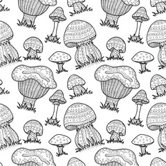 Seamless pattern with cute hand drawn abstract mushrooms. Vector ornamental mushrooms collection