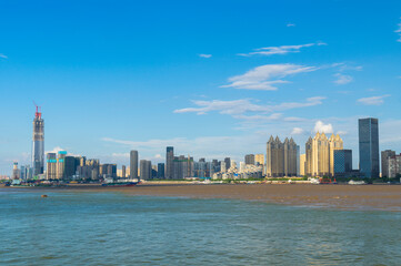 Naklejka premium Wuhan city skyline scenery in summer, Hubei, China