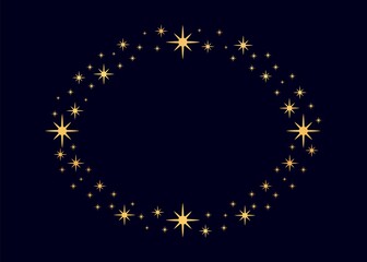 Vector golden circle star frame. Wreath for design, logo template. Stardust, stars, starry sky. Round frame with stars and glitter dots on white background. Vector background for card, invitation.