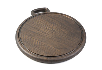 Wooden round cutting Board made of oak material, painted in a dark color, isolated on a white background. Object to use in the design. The concept of cooking.