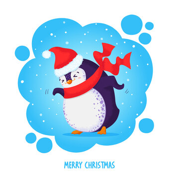Hand drawn funny dancing penguin in red santa hat. Holiday Christmas greeting pre-made card. Colored vector illustration. All elements are isolated.
