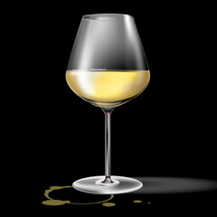 Isolated 3d realistic vector white wine glass on black background with stain for menu and restaurant lists.