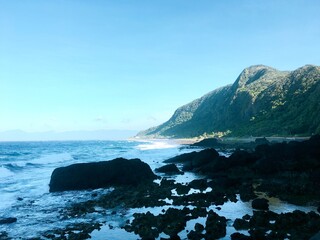 Sunrise landscape in Taiwan with green grassland and seashore, Lyudao Taiwan