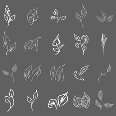 Doodle collection of 20 hand-drawn floral elements. Big collection of 20 hand-drawn leaves. Big floral botanical set isolated on a grey background