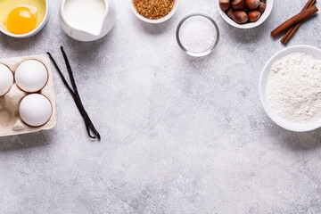 Ingredients for baking - flour, milk, salt, sugar, eggs.