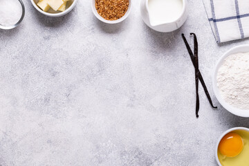 Ingredients for baking - flour, milk, salt, sugar, eggs.