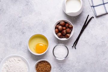 Ingredients for baking - flour, milk, salt, sugar, eggs.