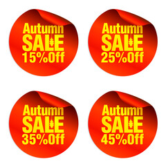 Autumn red sale stickers set 15%, 25%, 35%, 45% off. Vector illustration