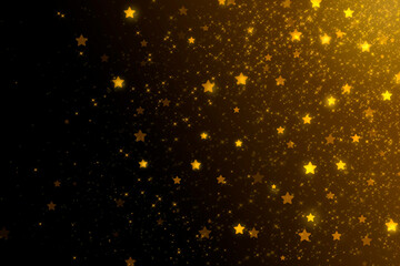 Festive dark abstract background with yellow glow from around the corner, many small stars, large stars, shine and glitter