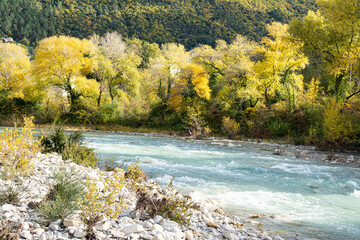 A river in Provence flows between stones and pebbles. Trees with autumnal colors. Bunches of shrubs grow in the rocky outcrops.