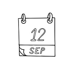 calendar hand drawn in doodle style. September 12. International Crochet Day, World First Aid, date. icon, sticker, element, design. planning, business holiday