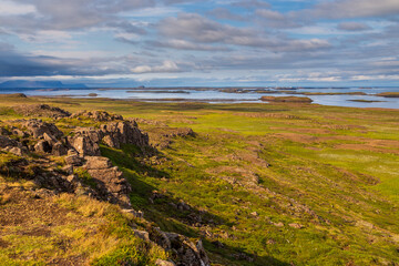 Fototapeta na wymiar View of the Hvammsfjordur coast, eastern Iceland.