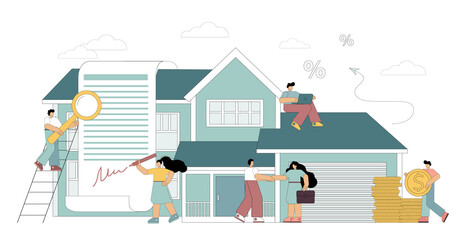 Mortgage concept. Little people take a home loan, sign a lease, invest in real estate, buy a house. The man calculates the mortgage rate. Flat vector illustration