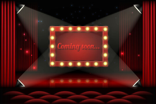 3d realistic vector festive design concept background. Theater or cinema stage with red curtains, theater sign on curtain with spotlight and glow.
