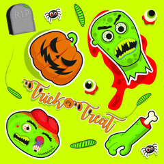 Seamless background with zombie heads, body parts, scary pumpkin and trick and treat message