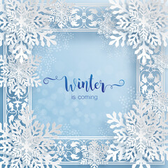 Snowflakes design for winter with place text space. Snowflakes background patterned paper cut art and craft style on paper color background.