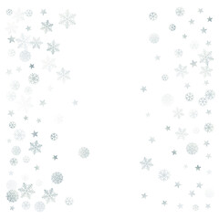 Fototapeta premium Silver Christmas snow background. Winter snowflakes subtle frame decoration on white, greeting card. New Year Holidays subtle backdrop. Noel Vector illustration