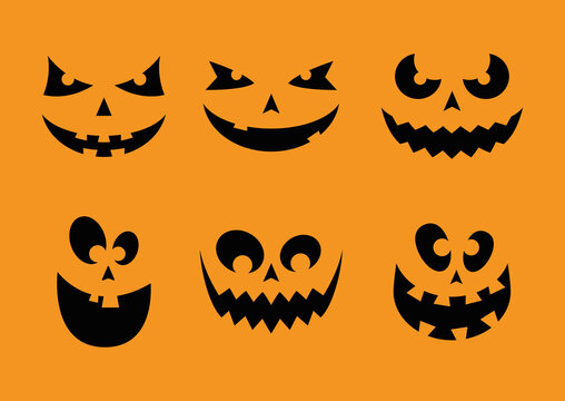 happy halloween card with six faces pumpkins