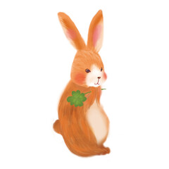 幸運を呼ぶ四つ葉のクロバーを持つウサギ