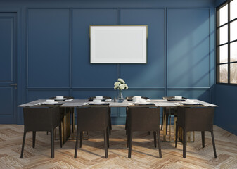 Modern luxury dining room with table and chair , blue pattern wall and picture frame . 3d rendering