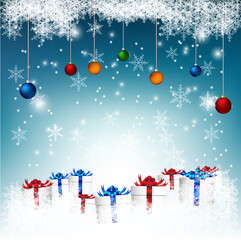Christmas ornaments with snow flexes on winter background


