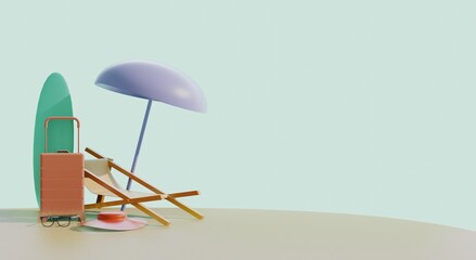3d summer landscape with deck chair, umbrella, and suitcase