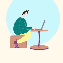 A man is sitting in front of the laptop working. 