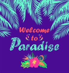 Fototapeta na wymiar Summery violet inviting with coconut mint color palm leaves, welcome to paradise lettering, hibiscus and tropical leaves bouquet. Party flyer template