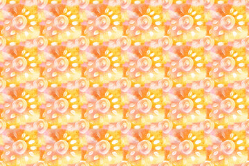 pattern watercolor painted little suns on pastel yellow, orange abstract big spots background drawn by brush