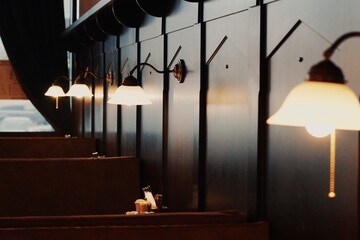 Bright white lamps in a cafe