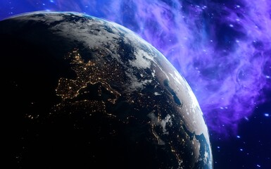 Europe view from space. Earth light of night cities. Nebula background. Elements of this image are furnished by NASA