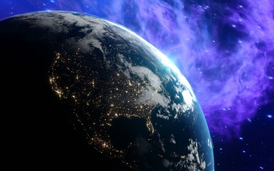 USA view from space. North America Light of night cities. Nebula background. Elements of this image are furnished by NASA