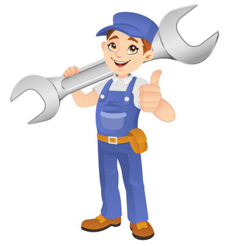 Mechanic handyman carrying a big spanner with a thumbs up gesture