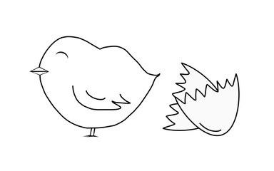 Chick smile and happy, drawing from black line, Easter holidays, isolated on white background.