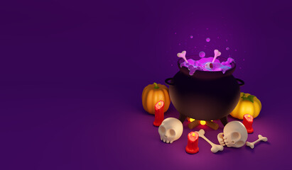 Halloween poster with witch brew and other traditional Halloween decorations. Place for text. 3d render