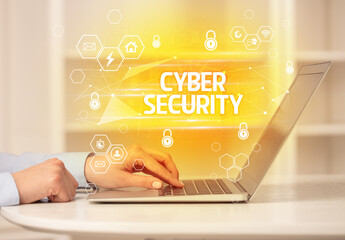 CYBER SECURITY inscription on laptop, internet security and data protection concept, blockchain and...