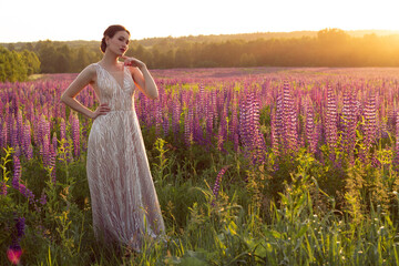 A full-length girl in a long evening dress in a field of lupines. Beautiful girl with hair and makeup in a shiny long dress on a field of lupines.