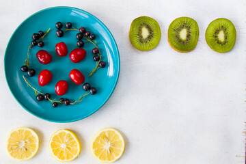 Currant, Cornus and dogberry, lemon and kiwi high angle view