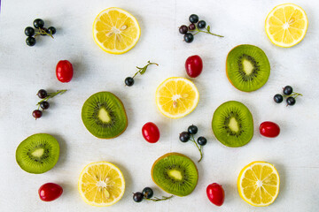 Currant, Cornus and dogberry, lemon and kiwi high angle view