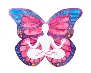 Disegno grafico sfondo bianco yogi nella posizione del loto. Aura a forma di una farfalla. Energia spirituale.