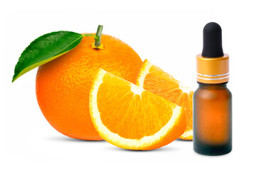 Citrus orange essential oil isolated on white background.