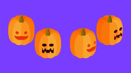 Set of isometric halloween pumpkins. Jack-o'-lanterns isolated on violet background.