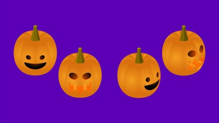 Set of isometric halloween pumpkins. Jack-o'-lanterns isolated on violet background.