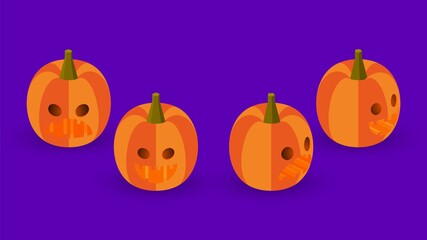 Set of isometric halloween pumpkins. Jack-o'-lanterns isolated on violet background.