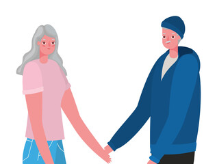 Senior woman and man cartoons holding hands vector design