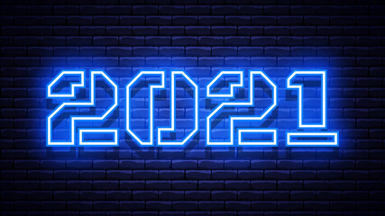 2021 New Year glowing blue neon signboard on brick wall. Vector illustration.