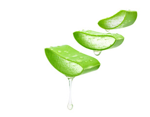 Aloe vera sliced leaf with dripping gel isolated on white background. © Paitoon