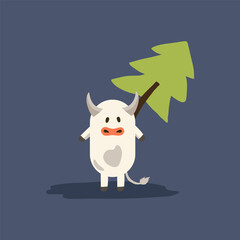 Christmas and new year cards with symbols of the new year of the bull and winter holidays. Can be used for banners, greeting cards, gifts, etc. Holiday card, with Christmas tree and winter holiday