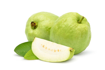 Fresh organic Guava (Jamfal) fruits with sliced and green leaves isolated on white background.
